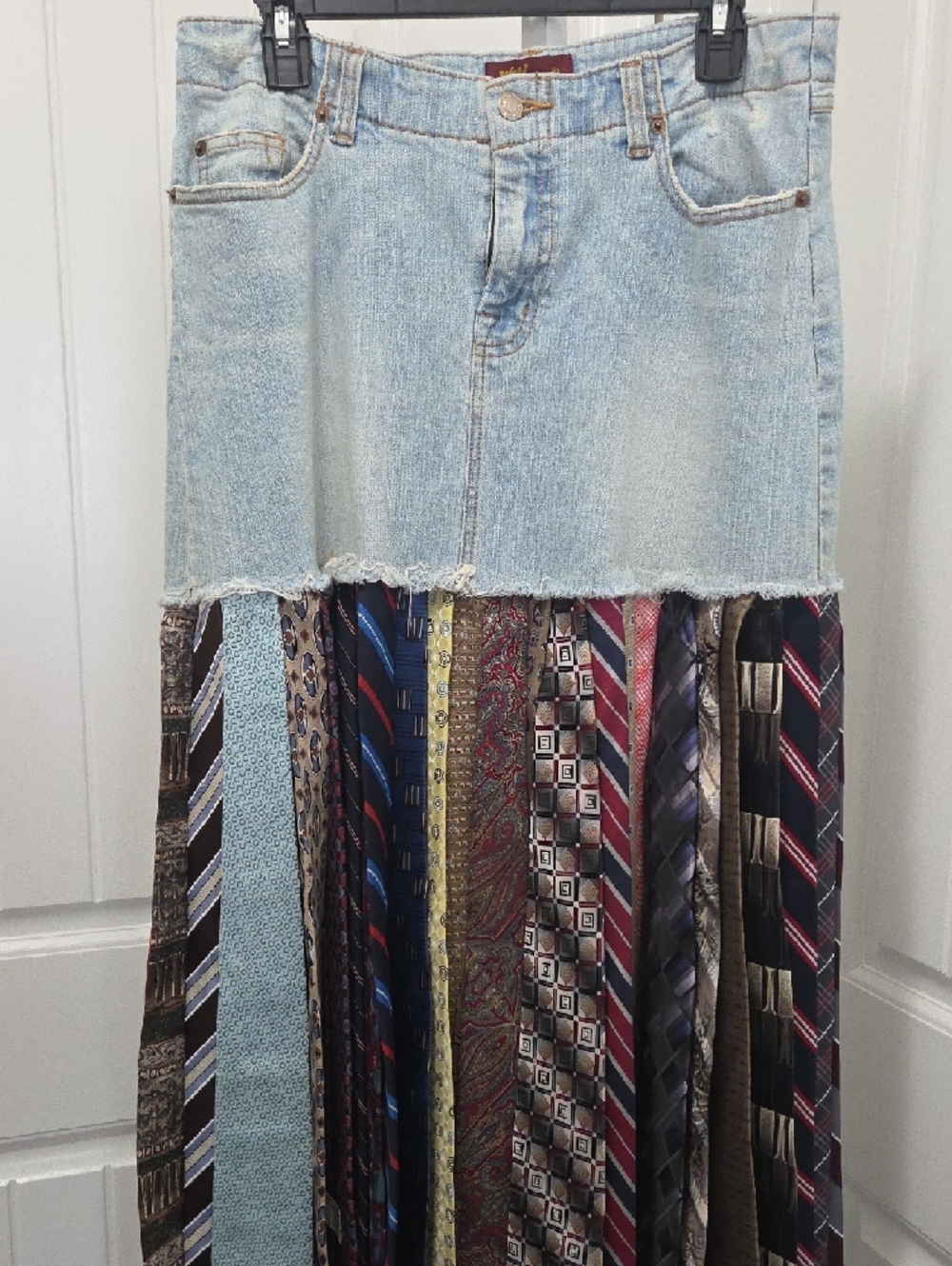 Bohemian Recycled Denim Maxi Tie Skirt with Multi-Patterned Panel - Picture 2 of 6